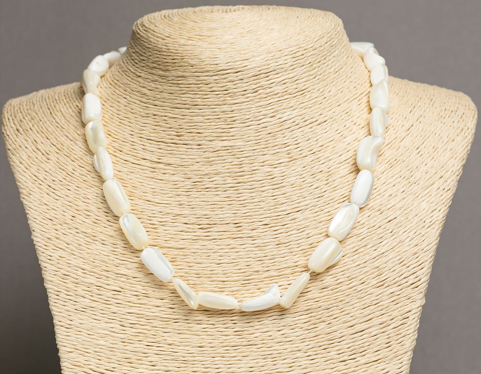 Natural White Mother-of-Pearl Necklace with Faceting, Bead Diameter 15×8 mm, Length 45–48 cm +