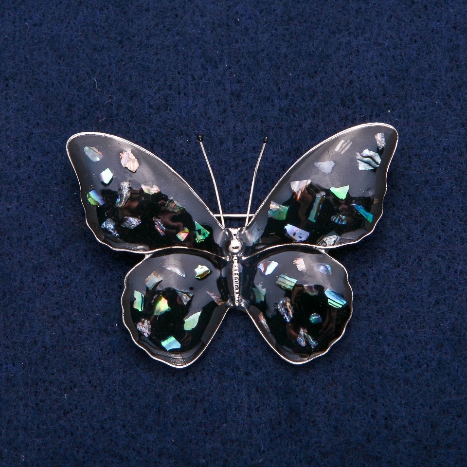 Brooch 'Butterfly' with Haliotite and Black Enamel, Silver-Tone Metal 40x55mm