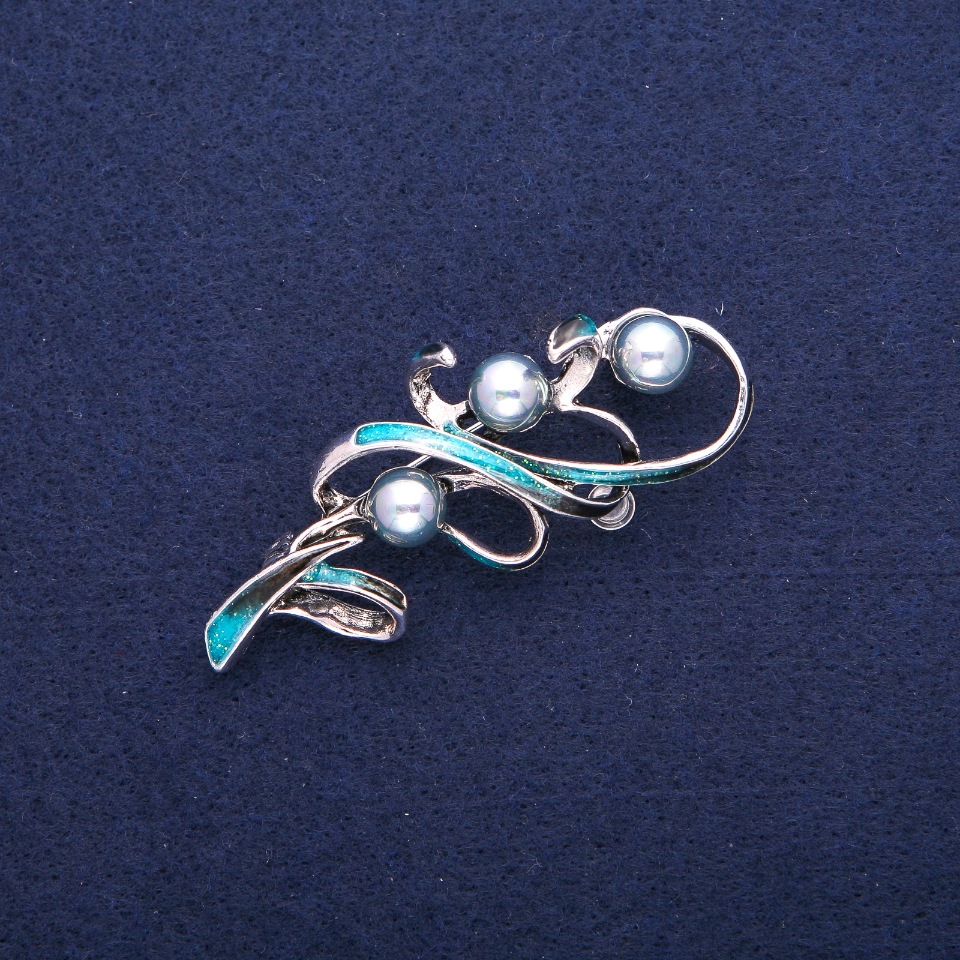 Twig Brooch with Mallorca Pearls and Blue Enamel, Silver-Tone Metal 24x60mm