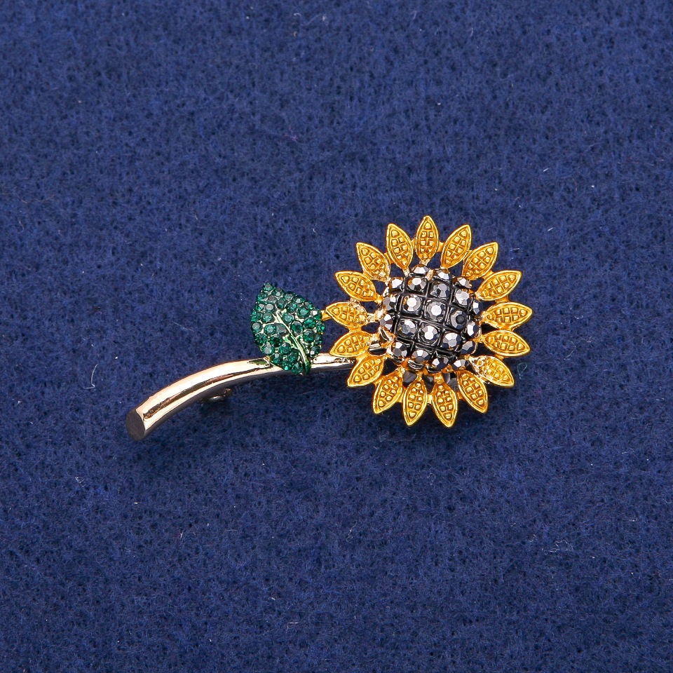 Sunflower Brooch Pendant 24x48mm with Crystals and Enamel, Gold-Tone Metal