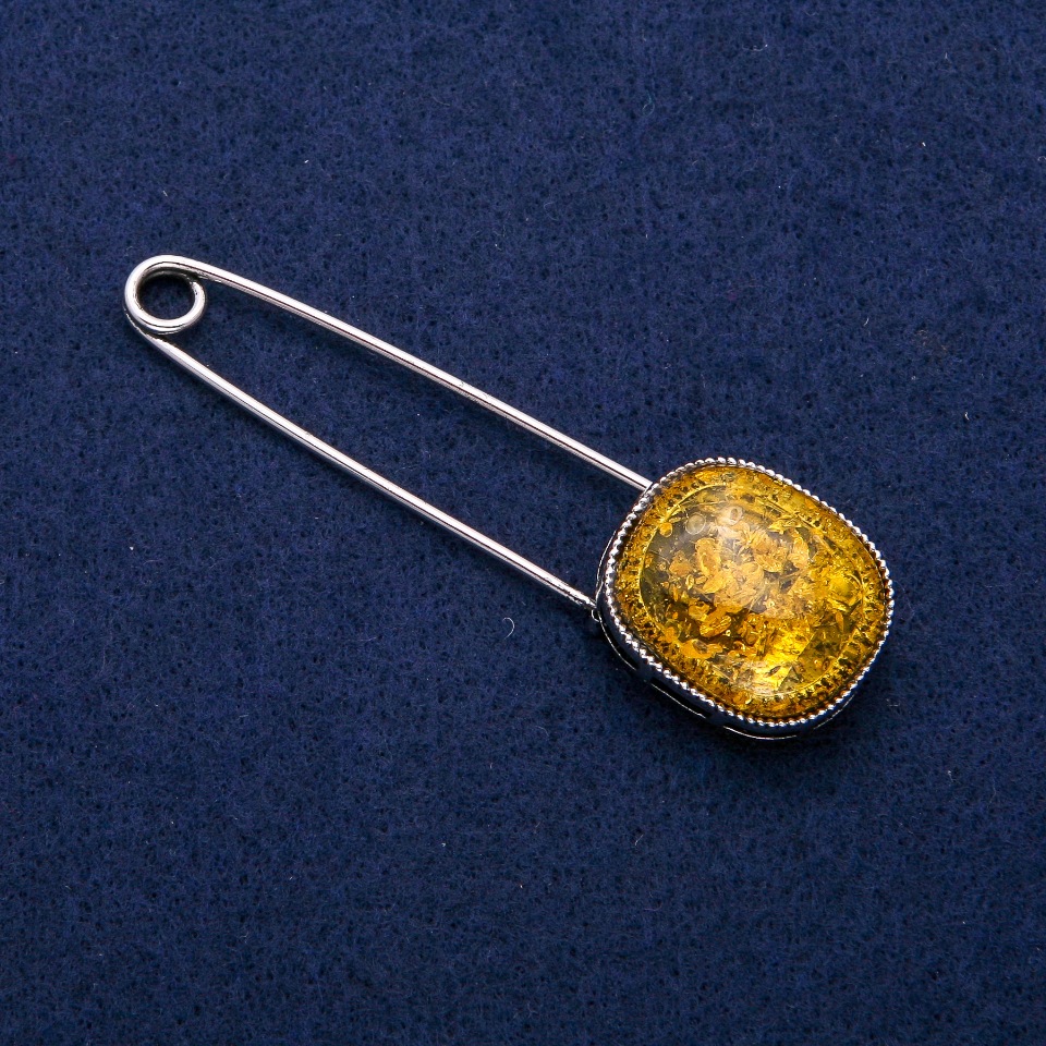 Brooch pin with amber cabochon (synthetic) 22 x 77 mm, silver-tone metal
