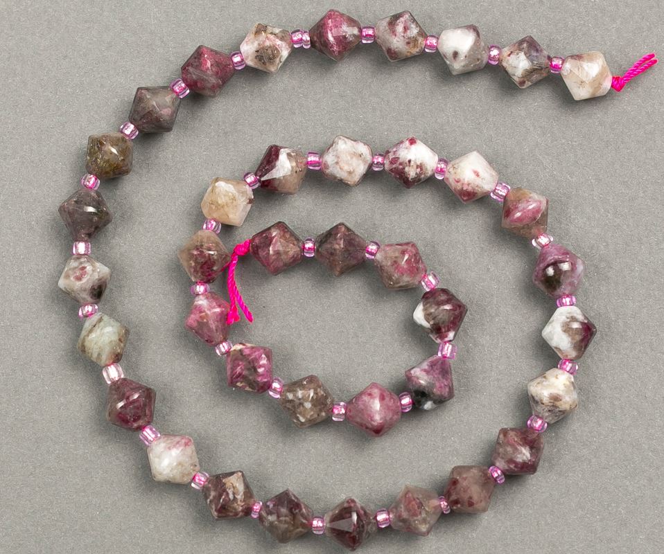 Beads on a thread, natural stone Tourmaline, faceted diamond-shaped, 8×8 mm, length 39 cm ± (seed bead insert 3×3 mm)