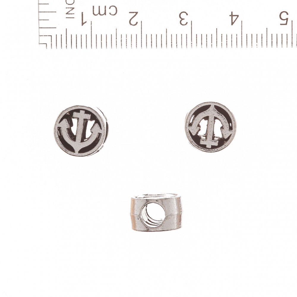 Pandora Bead 'Anchor in Circle' 10mm, hole diameter 5mm, 20g, ±9 pcs
