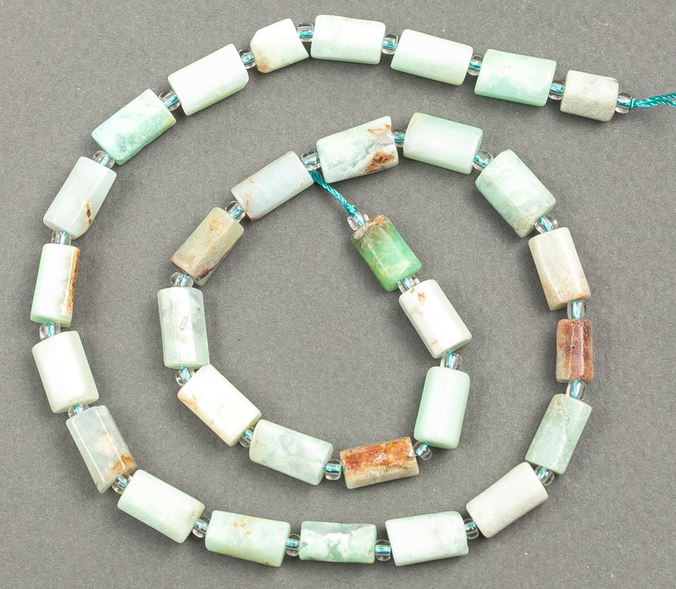 Beads on thread - natural Amazonite, faceted, diameter 11–6 mm, length about 39 cm, with seed beads (3×2 mm)