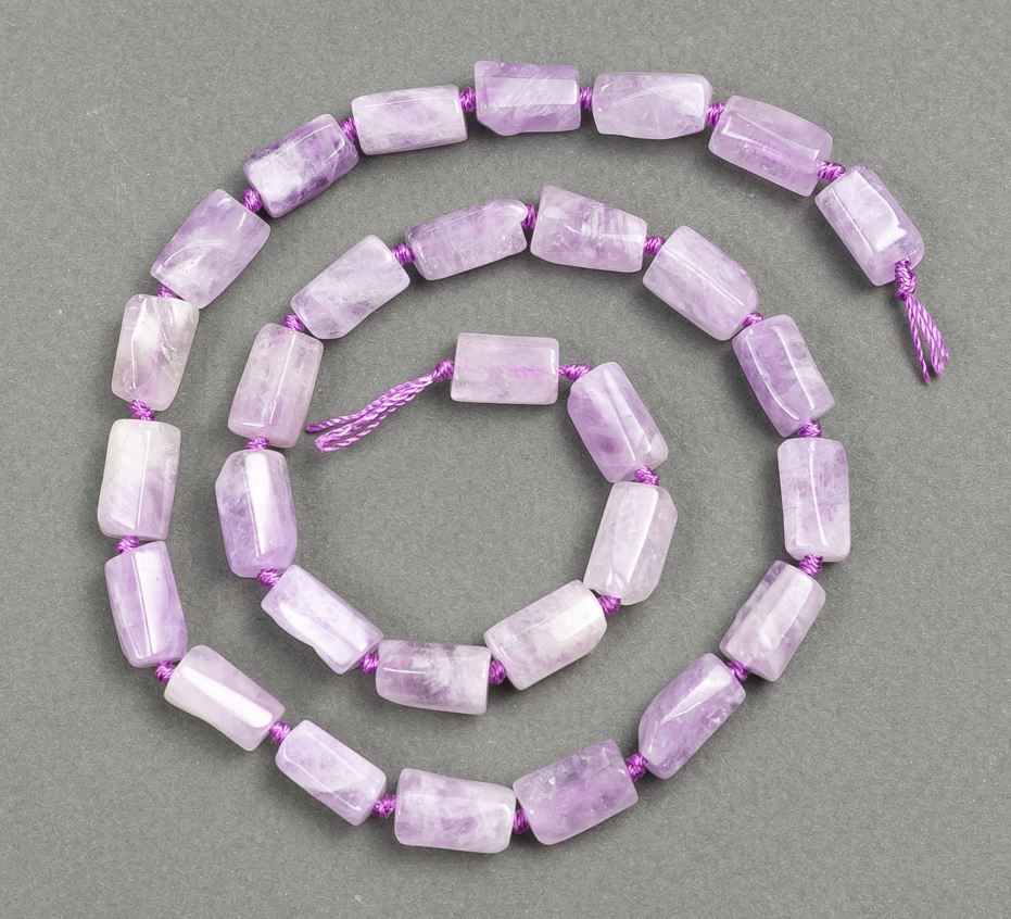 Beads on a thread, natural Kunzite, faceted, diameter 11-10×7-6 mm, length about 39 cm, with seed beads (3×2 mm)