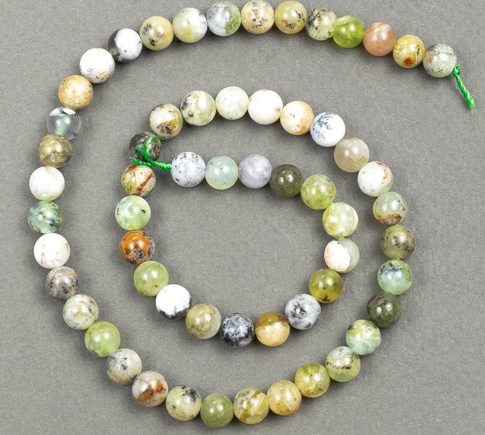 Natural Green Opal Beads on Thread, diameter 6.5 mm, length 39 cm