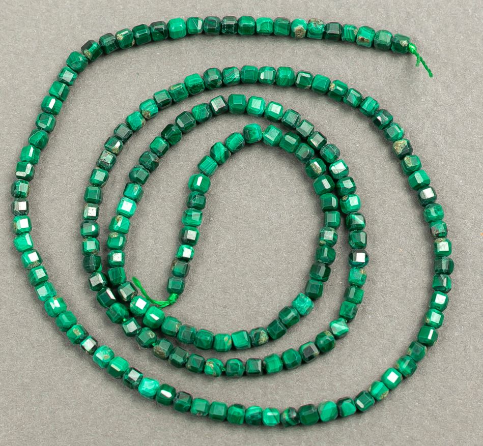 Natural Malachite Cube Beads on Thread, 2x2 mm, 40 cm long