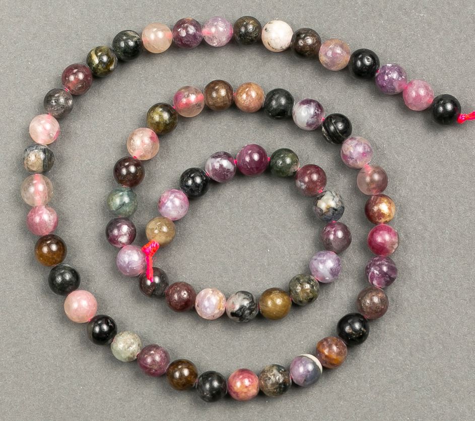 Natural tourmaline gemstone beads on thread, 6 mm diameter, 41 cm length +