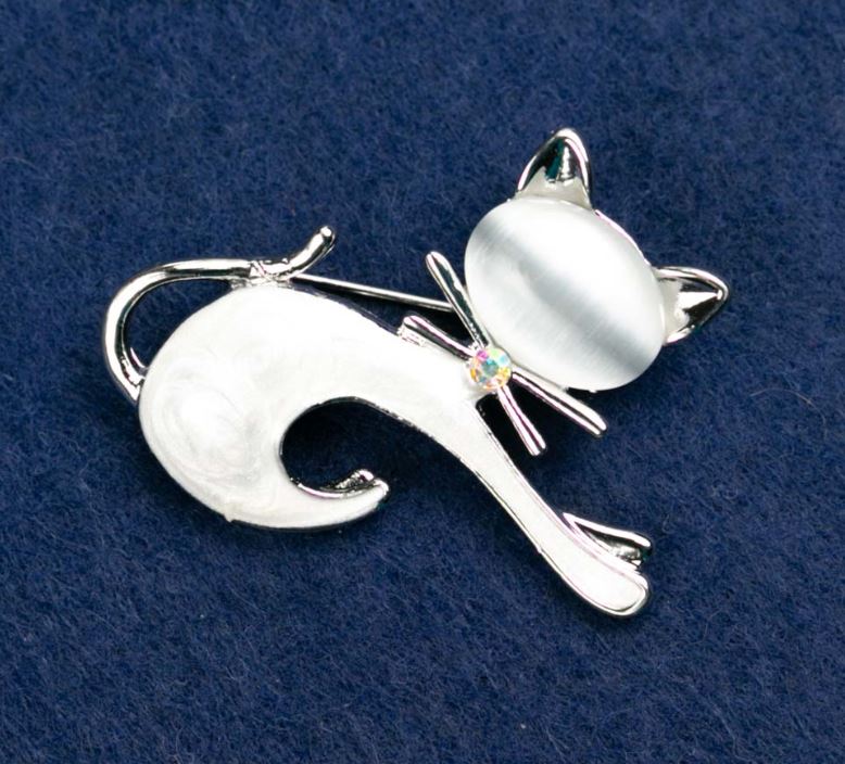 Брошка Котик Котяче око з емаллю колір сірий 37х44мм сріблястий метал