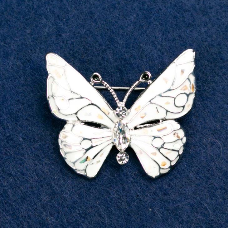 Brooch 'Butterfly' with White Crystals, White Enamel with Haliotis, Silver-tone Metal 38x31mm