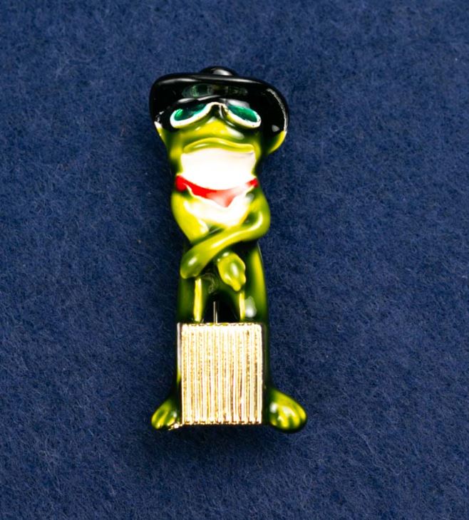Brooch-pendant Frog with a Suitcase, green enamel, 45x18 mm +