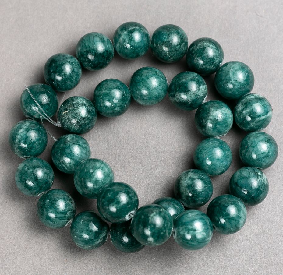 Beads on thread 'Tinted Quartz' (synthetic acrylic) viridian color, smooth round beads, 14.5 mm diameter, 40 cm length