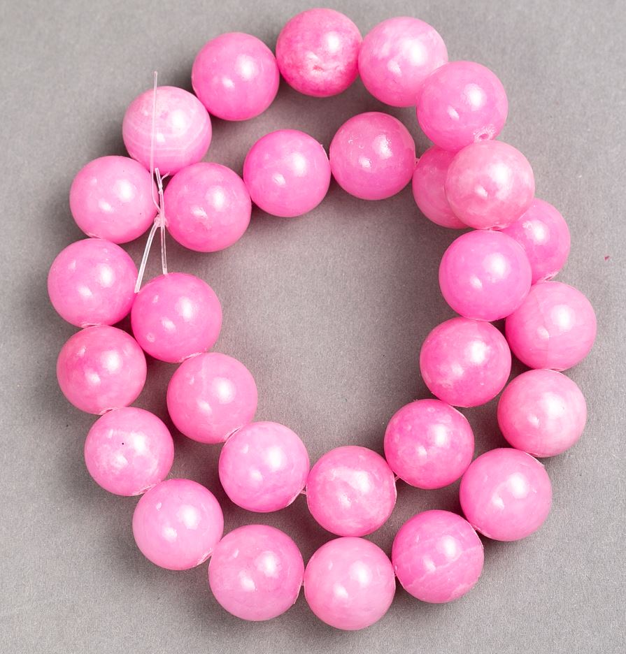 Strung beads on fishing line Strawberry Quartz (acrylic) smooth spheres, 14.5 mm diameter, length 39 cm