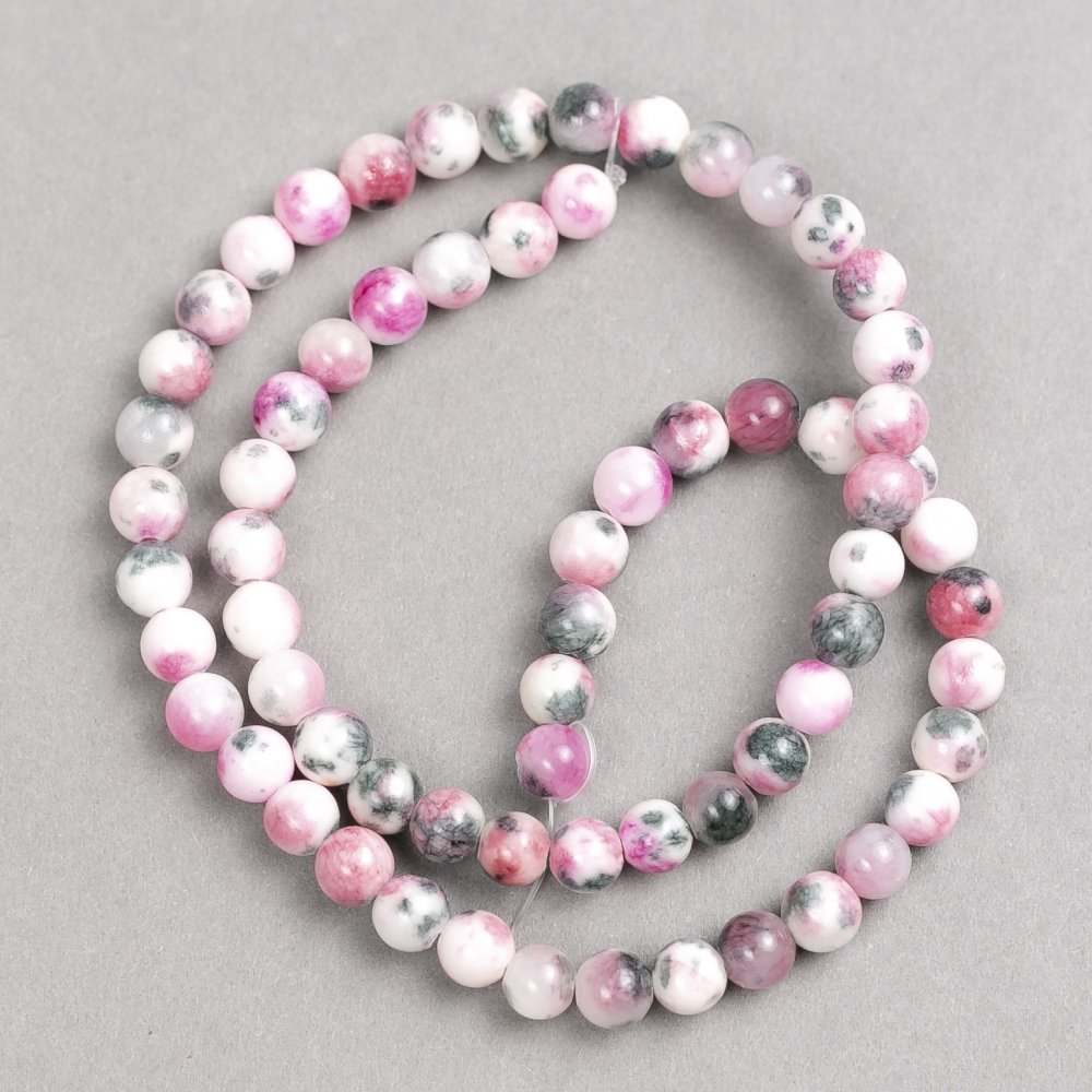 Beads white, gray, pink 'Rhodonite' (acrylic) on beading thread, smooth spheres, diameter 6mm ±, length 40cm ±