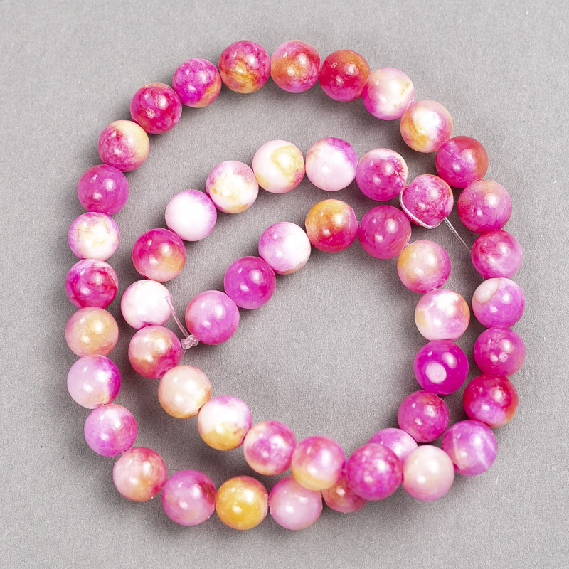 Beads raspberry-yellow-white 'Agate' (artificial acrylic) on beading thread, smooth round bead, 8mm diameter, 40 cm length