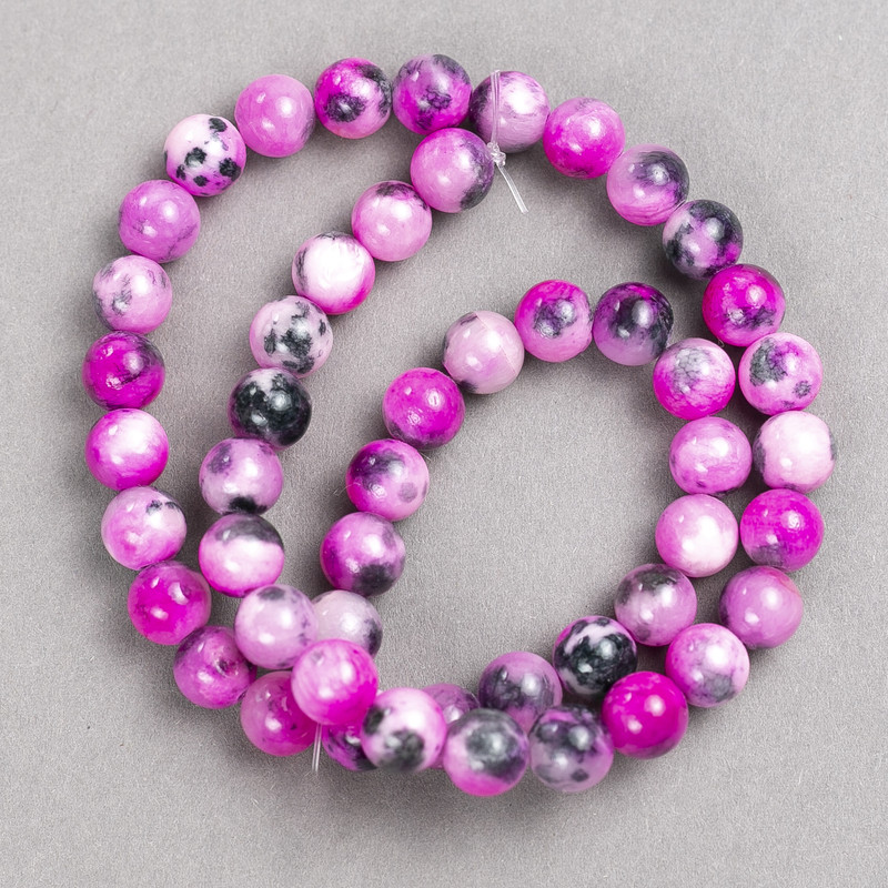 Beads raspberry-gray-white 'Agate' (acrylic) on beading thread, smooth round beads, 8 mm diameter ±, length 40 cm ±