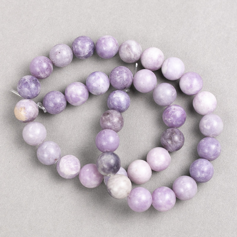Lepidolite Beads on Fishing Line, Smooth Round Beads, 10.5 mm Diameter, 38 cm Length