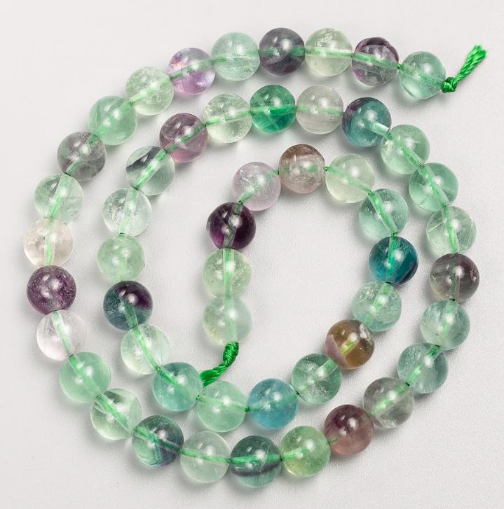 Beads on a thread, natural fluorite, smooth round beads, 8 mm diameter, 39 cm length +