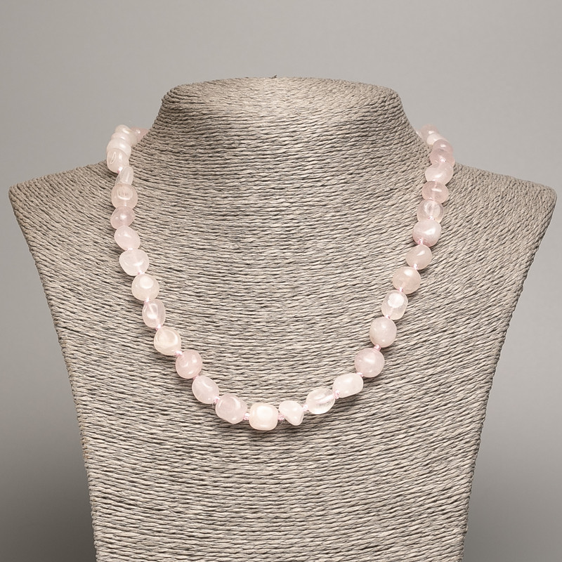 Rose quartz gemstone necklace with faceted beads, bead diameter 5×8–10 mm, length 50 cm