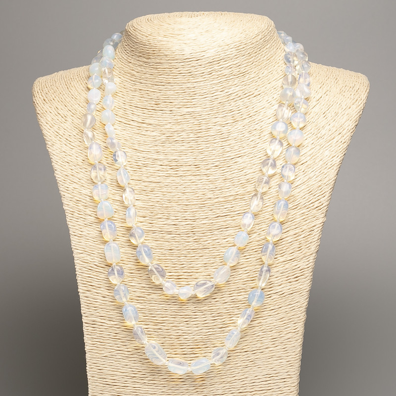 Long Opalite Necklace (synthetic) with faceting, bead diameter 5×8–10 mm, length 110 cm