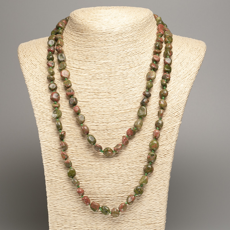 Long Unakite Jasper Necklace, faceted beads, bead size 5x8 mm +/-, length 110 cm +/-