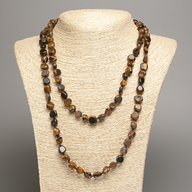 Long Tiger's Eye bead necklace with texturing, bead diameter 5x8-10 mm, length 110 cm