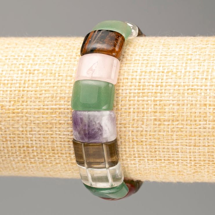 Bracelet Assortment: Rose Quartz, Amethyst, Rock Crystal, Jade and others. Rectangular stones, 15×11 mm, length 18 cm.