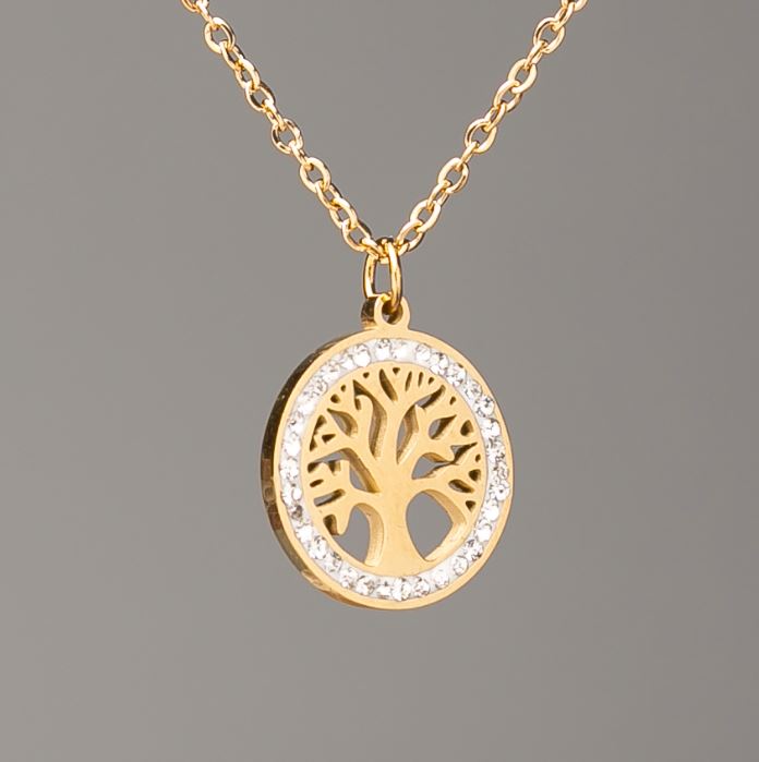 Xuping chain with lemon gold plating and pendant 'Tree', diameter 14 mm ± (white crystals), length 39-44 cm ±, thickness 1 mm ±