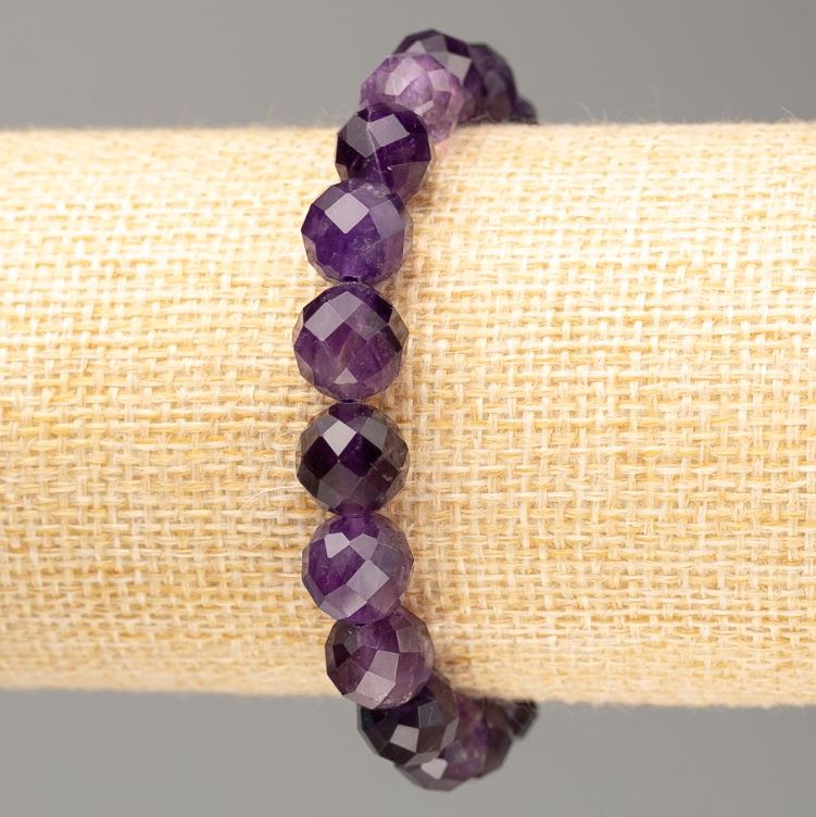 Bracelet of natural amethyst with a faceted bead, 10 mm diameter, 18 cm length, on elastic