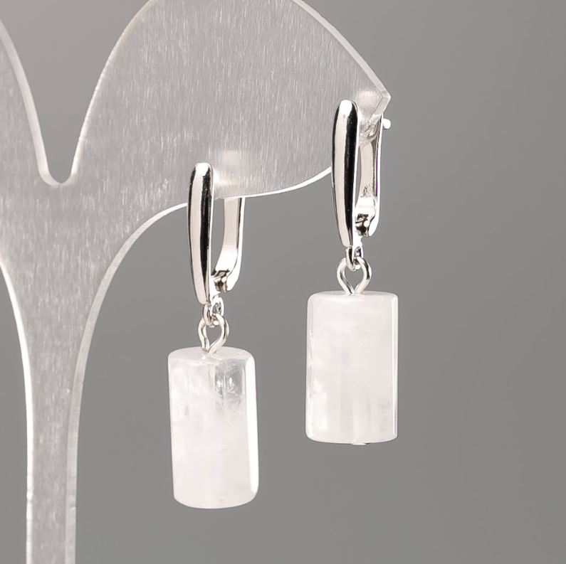 Earrings with natural stone Rock Crystal, faceted cylinder, diameter 16x10 mm+