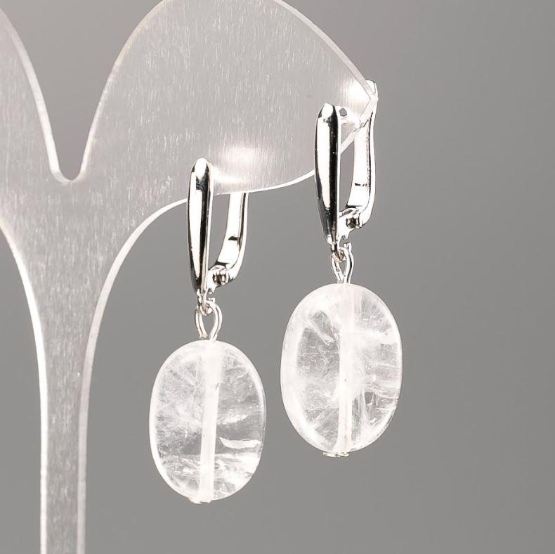 Oval earrings with natural mountain crystal, diameter 18x13 mm