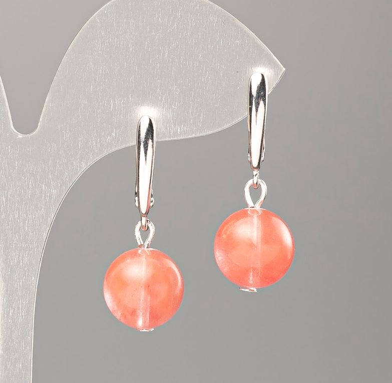 Chalcedony Earrings — Synthetic, Smooth Spheres, 12 mm Diameter, 31 mm Length