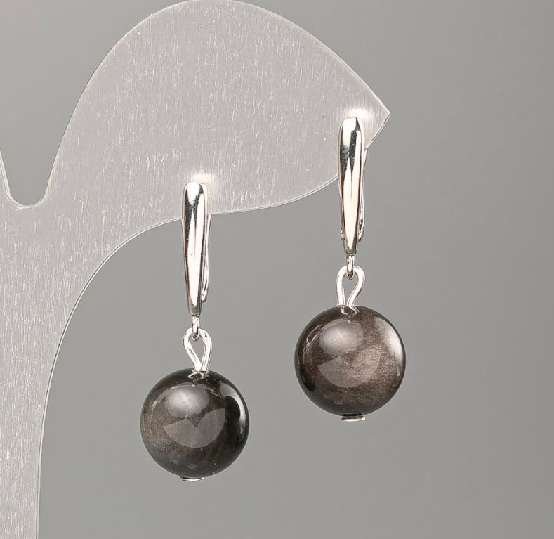 Earrings Silvery Obsidian Smooth Bead, diameter 12 mm +/-, length 33 mm +/-