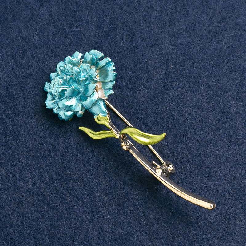 Brooch 'Carnation Flower' blue enamel, golden metal 59x24mm