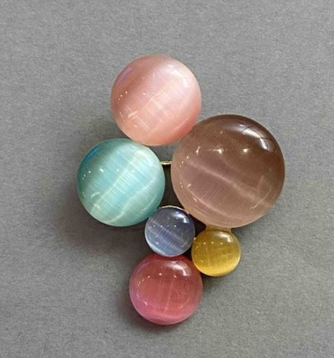 Accent Brooch, Cat's Eye Stone, Multicolored, Silver Metal 45×35mm