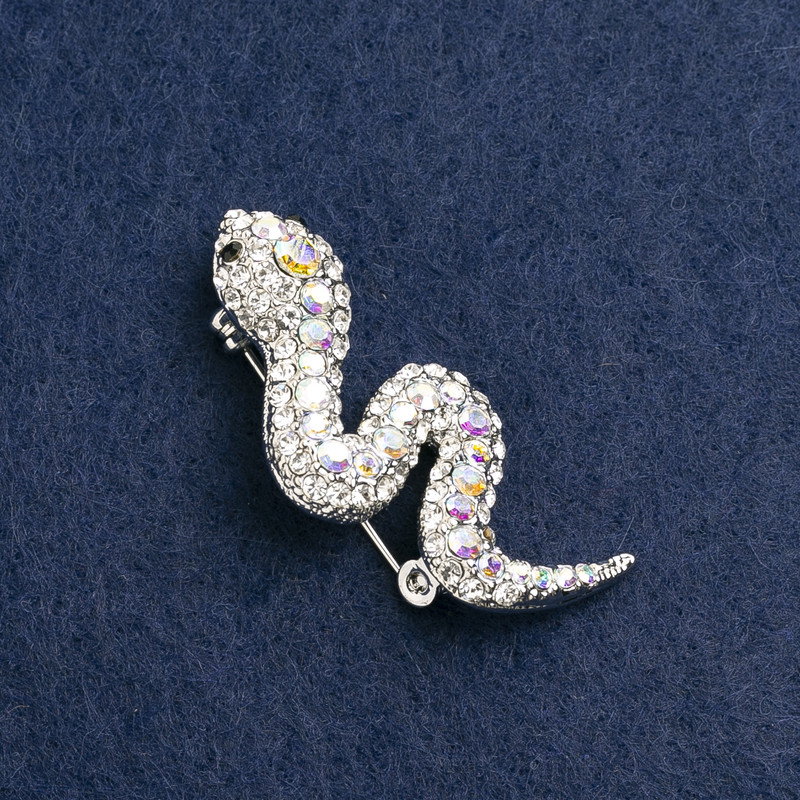 Snake Brooch with White and Pink Crystals, Silver Metal 45x22mm