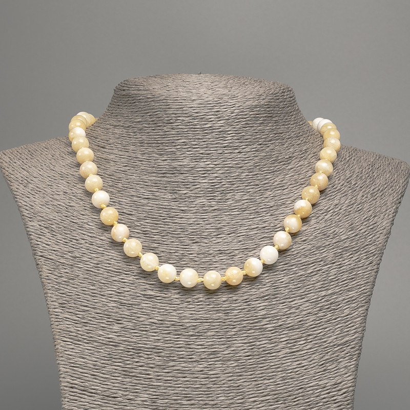 Necklace yellow-white 'Selenite' smooth beads, 8 mm diameter, approx. 50 cm long, made of white nephrite (synthetically dyed)