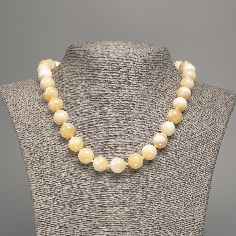 Necklace yellow and white 'Selenite' smooth beads, 12 mm diameter, approx. 50 cm long, made from white nephrite stone (synthetic-dyed)