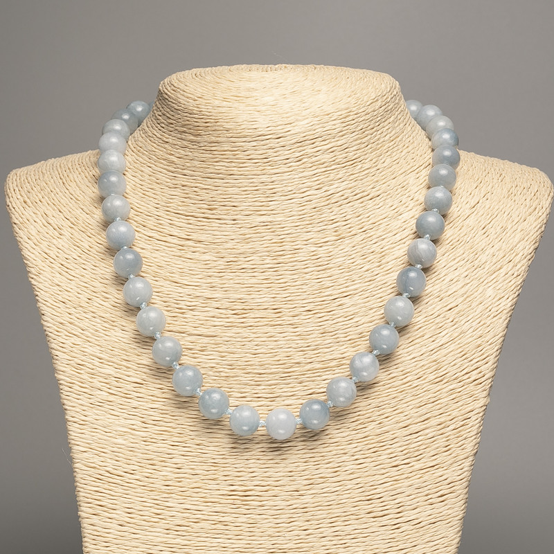 Gray-blue 'Aquamarine' Necklace with smooth 10 mm beads, approx. 50 cm long, made of white nephrite (synthetic dyed)