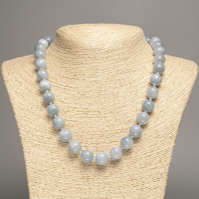 Gray-Blue Aquamarine Necklace with smooth beads, 12 mm diameter, 50 cm length, made from white nephrite (synthetic dyed)