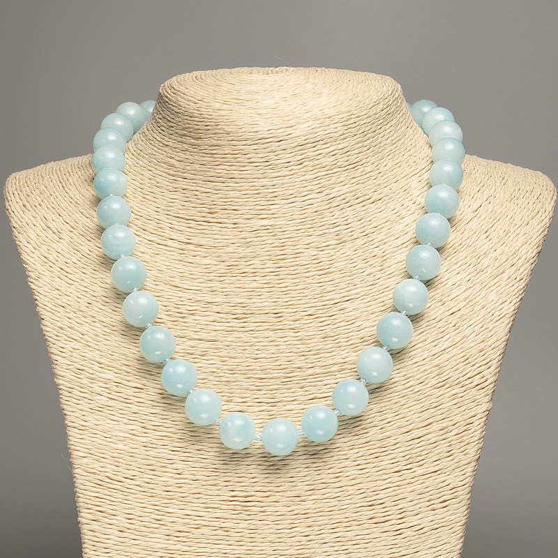 Light blue Aquamarine Necklace with Smooth Beads, 12 mm diameter, 50 cm length, white nephrite (synthetically dyed)
