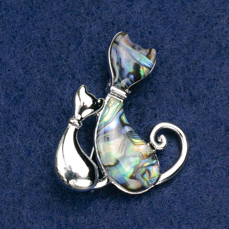 Cat Haliotis Brooch, Silver Metal 36×28mm
