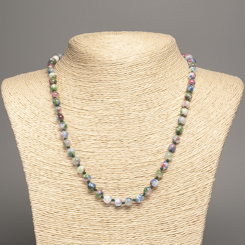 Necklace 'Colors of Summer' White, Blue, Pink, and Green Smooth Beads, 6 mm Diameter, Approximately 50 cm Long, Made of White Jade (Dyed Synthetic)