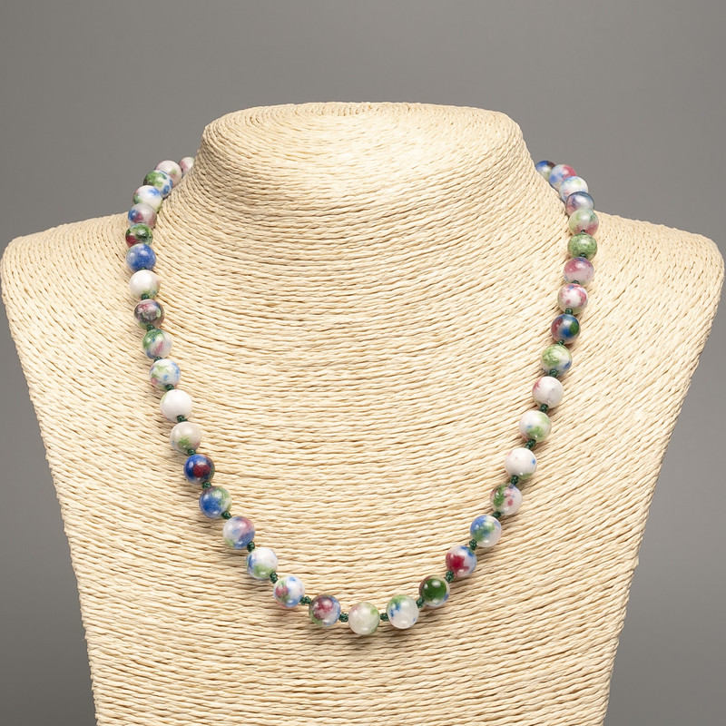 Necklace 'Colors of Summer' with white, blue, pink, and green smooth beads, 8 mm in diameter, approximately 50 cm long, made of white nephrite (synthetically dyed)