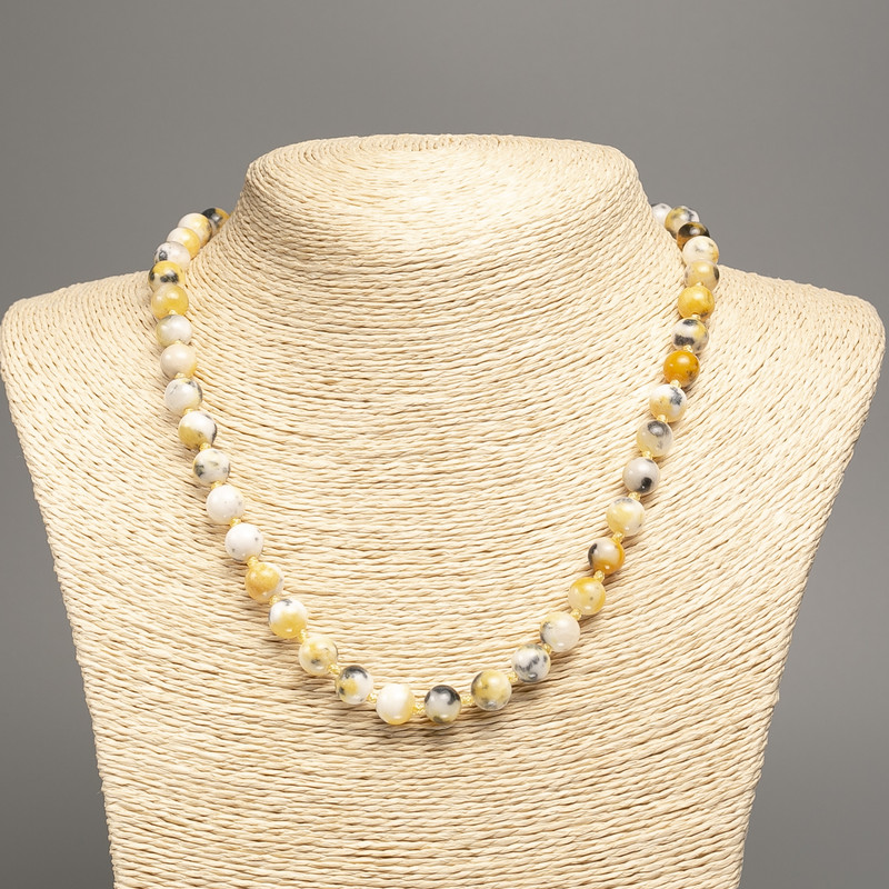 Necklace 'Colors of Summer' with white, gray, and yellow smooth beads, 8 mm diameter, 50 cm length, made of white nephrite (synthetic dyed)