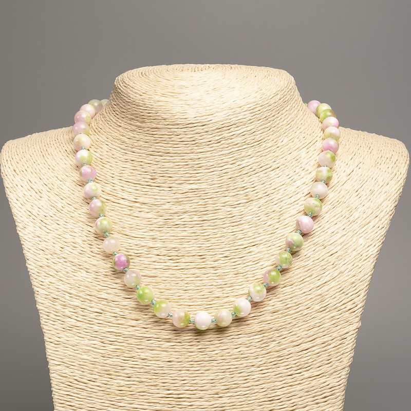 Necklace 'Colors of Summer' with smooth white, pink, and green beads, 8 mm diameter, about 50 cm long, made of white nephrite (synthetic dyed)