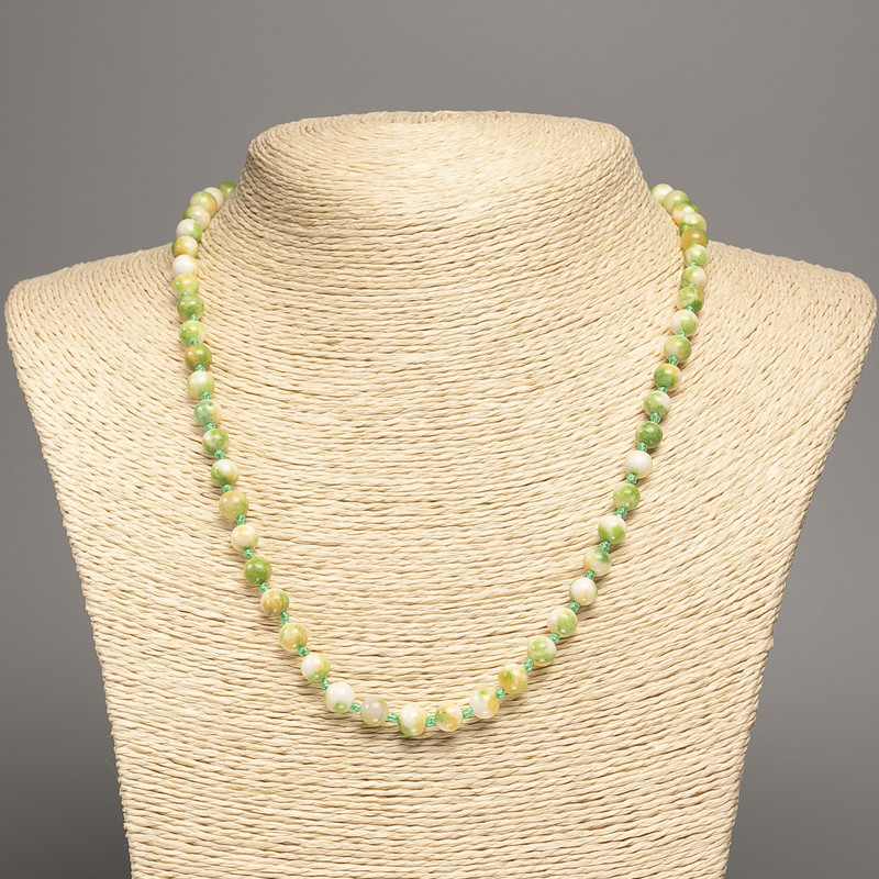 Necklace 'Colors of Summer' with white, yellow, and green smooth beads, 6 mm diameter, about 50 cm long, made of synthetic-dyed white jade