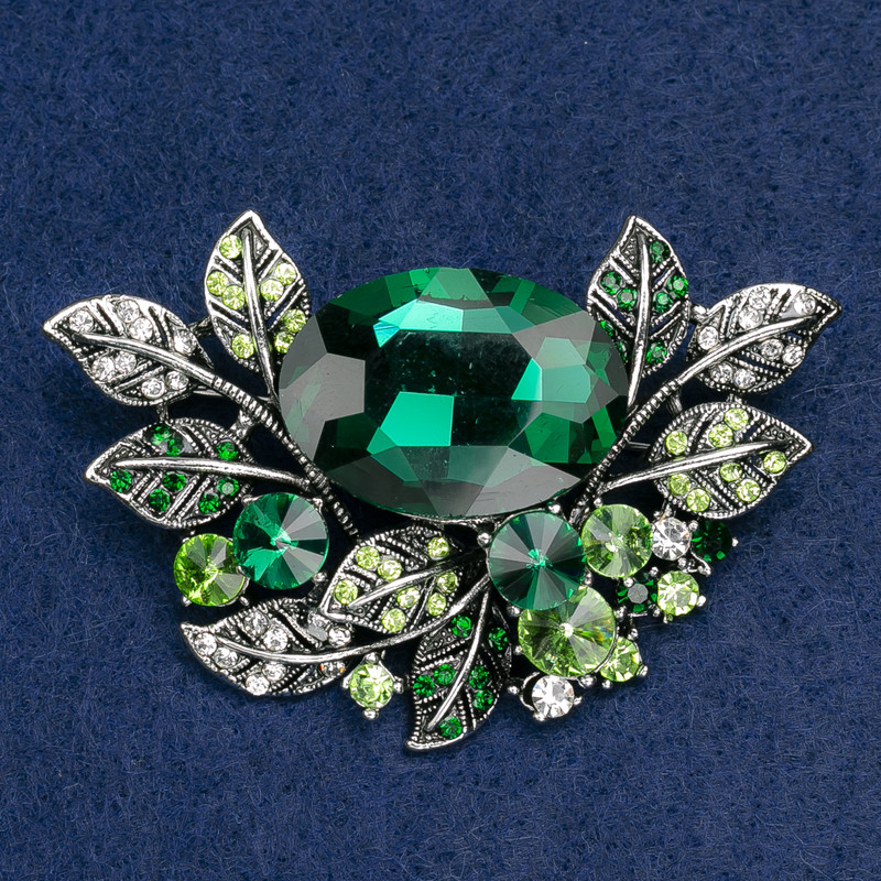 Large Accent Brooch in a Plant-Inspired Design with Crystals and Green and White Stones, Silver-Tone Metal, 67×46 mm