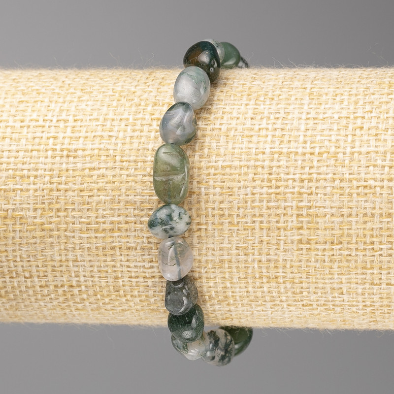 Bracelet of Moss Agate Stone, Faceted Bead, 8×10 mm diameter ±, on Elastic, Length 18 cm