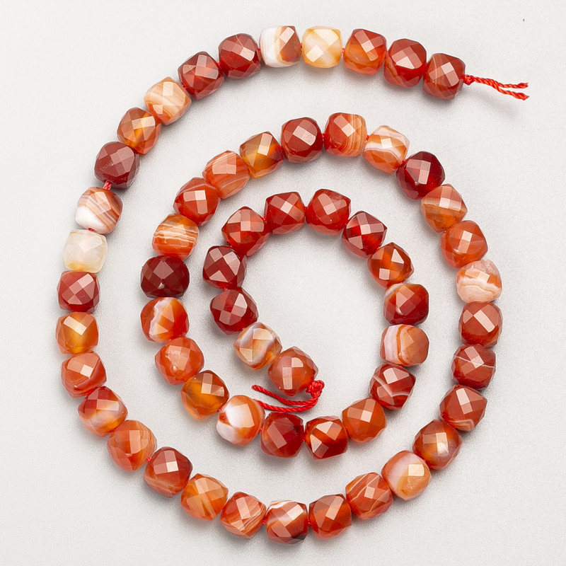 Carnelian beads, natural stone, faceted cube on thread, diameter 7 mm ±, length 39 cm ±